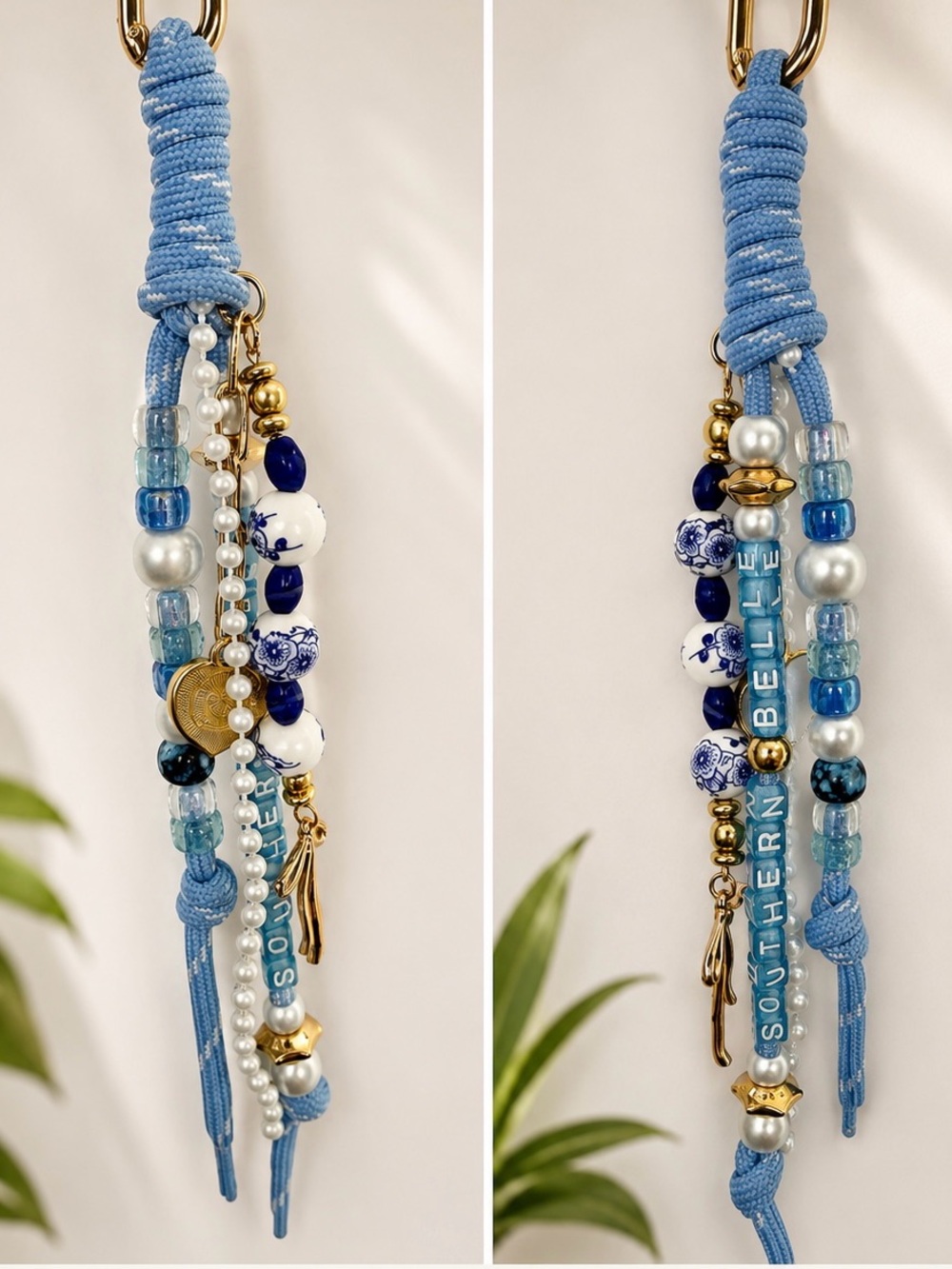 Blue Beaded Tassel Charm with Porcelain Accents